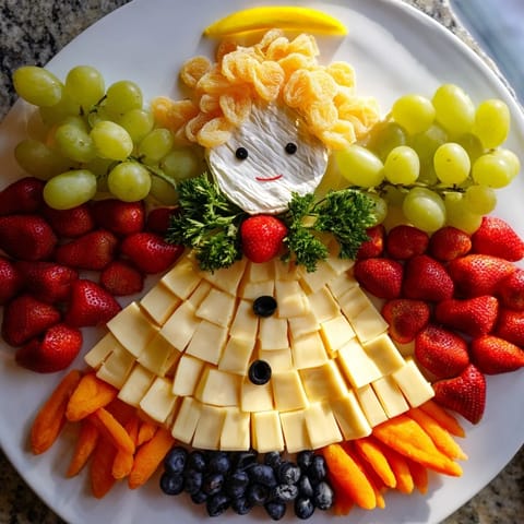 This festive Cherub Angel Snack Tray features sweet strawberries, creamy cheese, and fresh grapes; perfect for sharing.