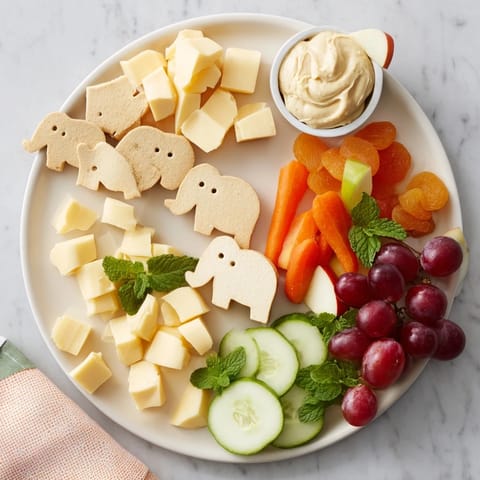 Enjoy the playful spread of an Elephant Cracker Board, with crackers, cubes of cheese, and various vibrant fruits.