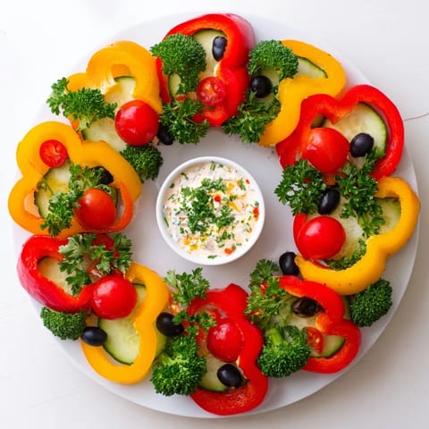 Vivid image: a delicious festive bell pepper wreath features assorted fresh veggies arranged beautifully for serving.