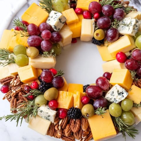 Vibrant arrangement of cheese and fruit makes this Holiday Wreath Cheese Ring a beautiful, delicious appetizer.