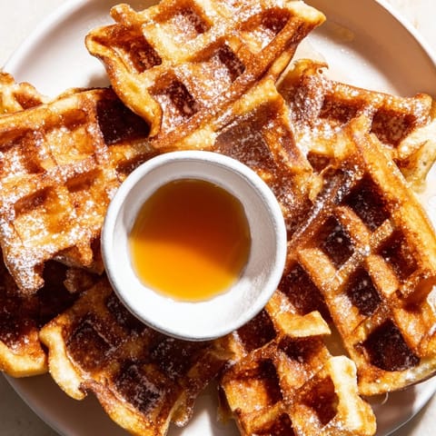 Sweet, buttery waffle quarters, perfect for breakfast, shown with a delicious maple syrup dipping sauce.