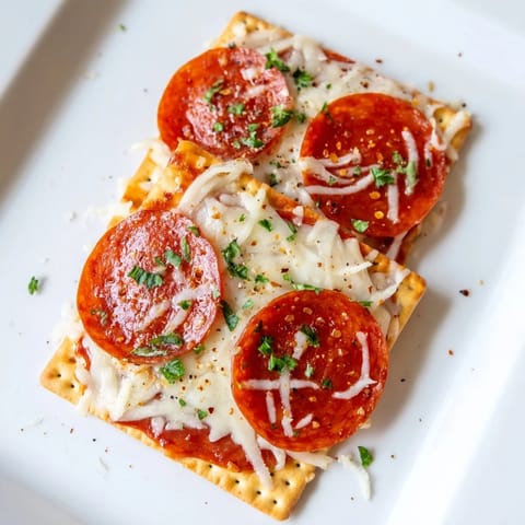 Melted cheese bubbles atop pepperoni-covered crackers, making savory bites ready to eat.