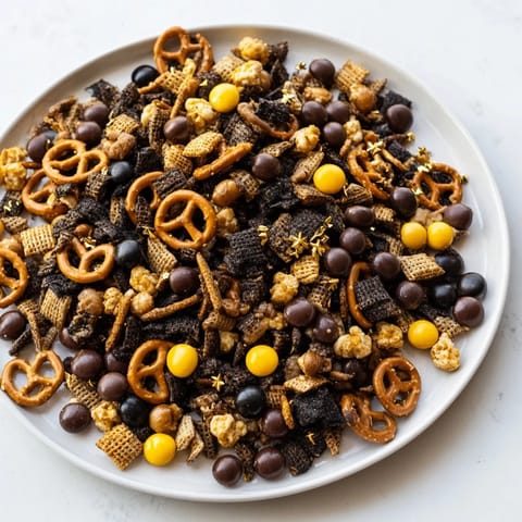 This Gold and Black Midnight Snack Mix offers a crunchy, savory-sweet flavor profile, perfect for sharing.