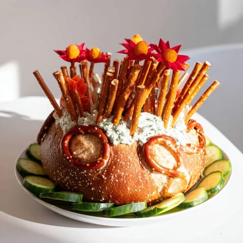 Vivid image of The Desert Cactus Bloom features bread "cactus" with edible fruit leather blooms for a fun appetizer.