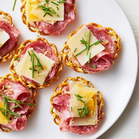 Imagine the Lattice Window: pretzel lattice atop a savory landscape of meats, cheeses, and chives, inviting a delicious bite.