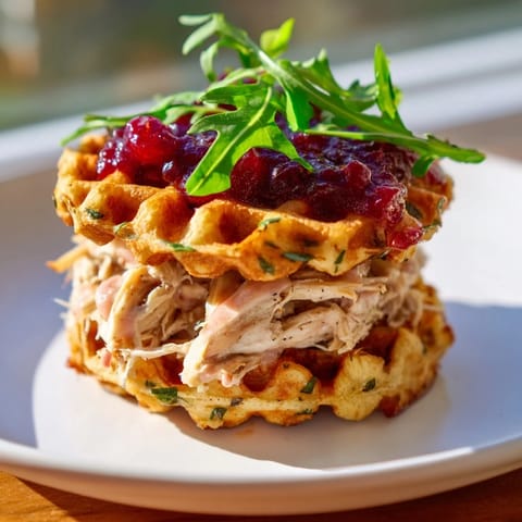 Warm, tender shredded chicken nestled between stuffing waffles with cranberry mayo on these sliders.