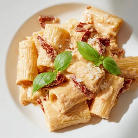 A close-up of delicious Creamy Sun-Dried Tomato Pasta, showing the rich, creamy sauce coating the pasta.