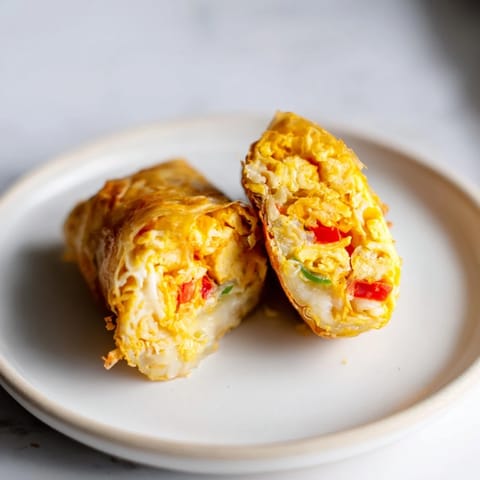 Savory Rice Paper Egg Cheese Wrap, folded golden, with a bubbling cheese and egg filling within.