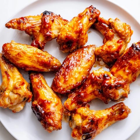 Golden brown, tender baked sticky honey BBQ wings, smelling of sweet honey and savory spices.
