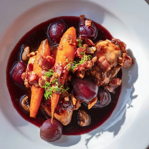 This delicious Coq au Vin showcases golden chicken pieces with pearl onions and mushroom garnish.