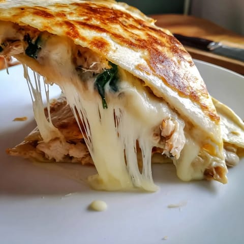 Golden Chicken and Spinach Quesadilla wedges served with salsa and sour cream on a vibrant plate, perfect for a quick dinner.  