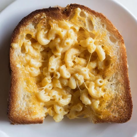 A close-up view of a buttery mac & cheese grilled cheese sandwich, cut diagonally to reveal rich macaroni inside.  