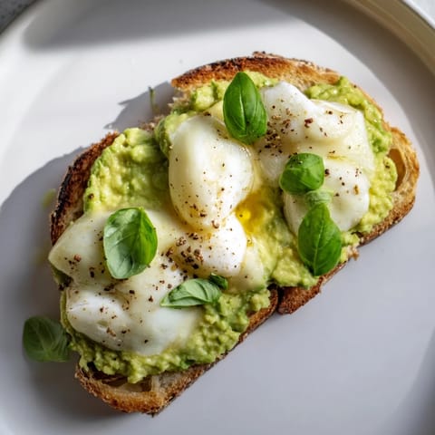 Close-up of a vibrant avocado mozzarella tartine with gooey cheese and olive oil drizzle on rustic bread.  