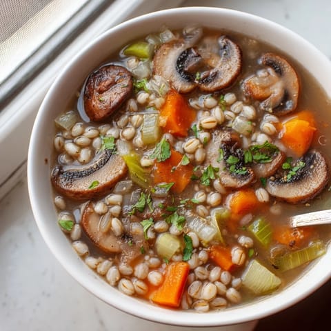 A close-up of steaming Mushroom and Barley Soup highlights tender sliced mushrooms and plump grains swimming in a rich, savory vegetable broth garnished with fresh parsley.
