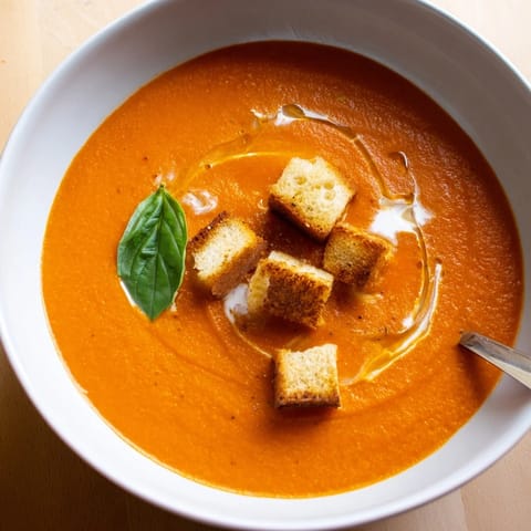 Roasted tomato soup with crispy croutons, served steaming hot, garnished with fresh thyme and a swirl of cream.  