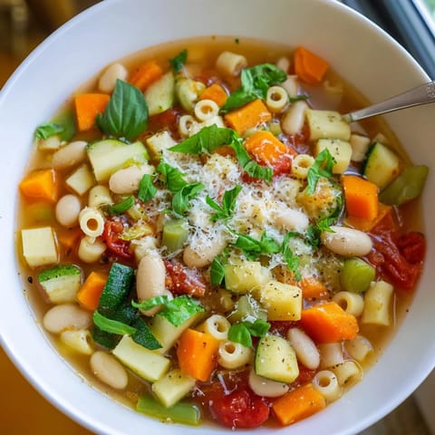 A close-up bowl of homemade minestrone vegetable soup, with beans, pasta, and colorful garden veggies in a rich tomato broth, topped with fresh parsley.