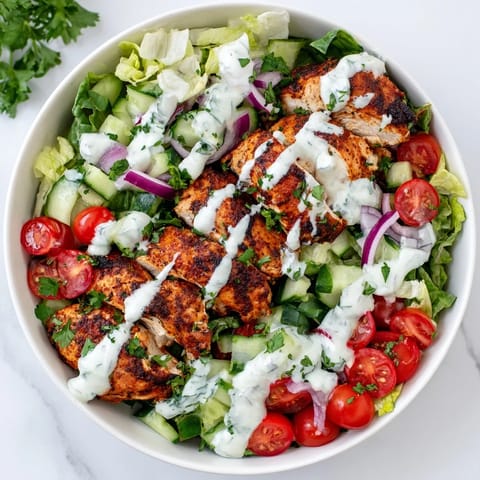 Tender, spiced chicken shawarma fills a colorful salad bowl with mixed greens, diced cucumber, tomatoes, and a bright, zesty garlic drizzle.