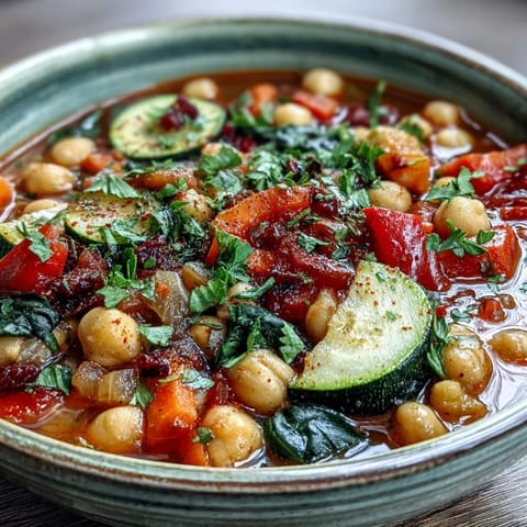 Vibrant chickpea stew simmering in a large pot, with chunks of carrots, bell peppers, and wilted spinach in a rich tomato broth.