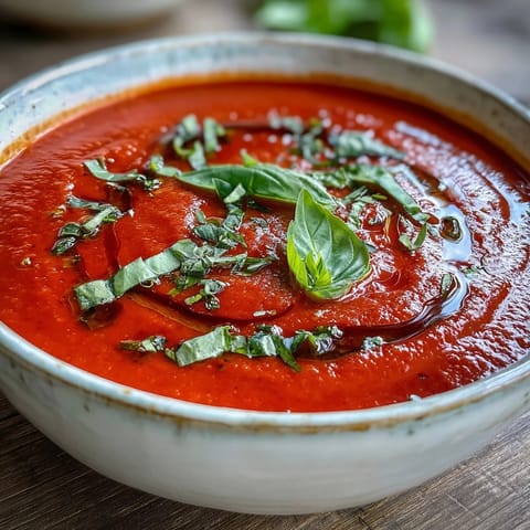 Creamy tomato and basil soup served hot with fresh basil and a drizzle of olive oil.