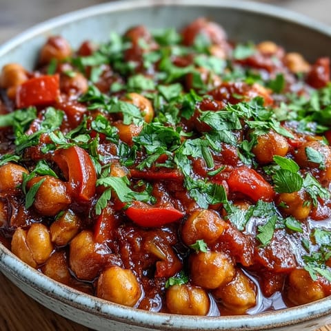 Spicy chickpea stew simmering in a pot with diced tomatoes, carrots, and red bell pepper.