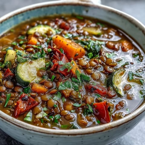 Close-up shot of rich Lentil and Vegetable Soup in a rustic bowl with roasted vegetables visible.