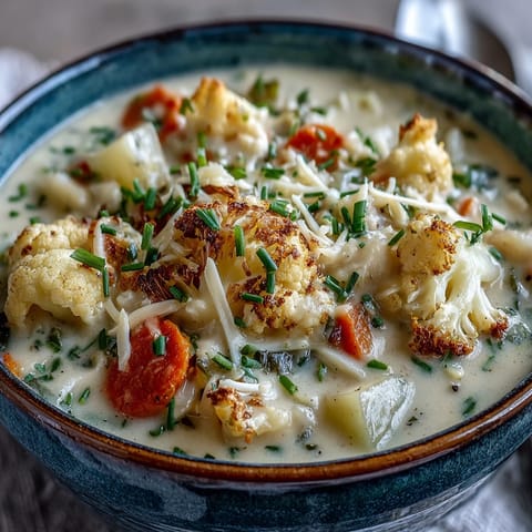 Hearty Vegetarian Cauliflower Chowder with tender cauliflower, potatoes, and carrots simmered in a thick, savory broth.