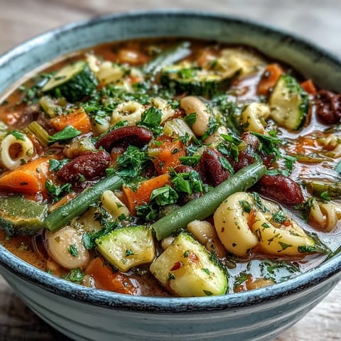 Close-up of Minestrone Vegetable Soup featuring tender vegetables and greens, steaming and ready to eat.