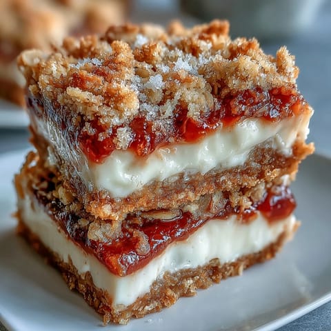 Fresh Rhubarb and Custard Crumble Bars sliced to show tangy rhubarb and creamy custard layers.