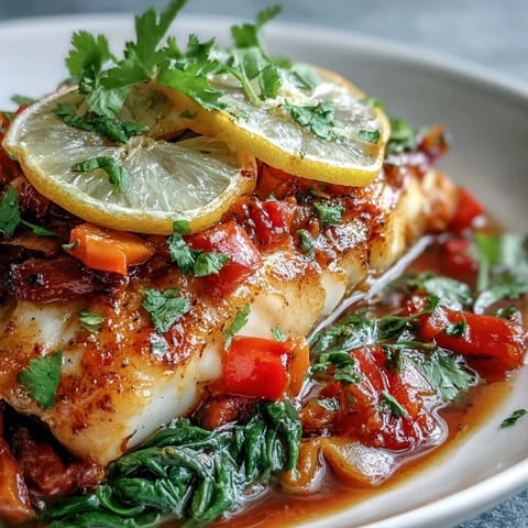 A close-up of Spiced Cod One Pot garnished with fresh cilantro and lemon wedges served over fluffy steamed rice.