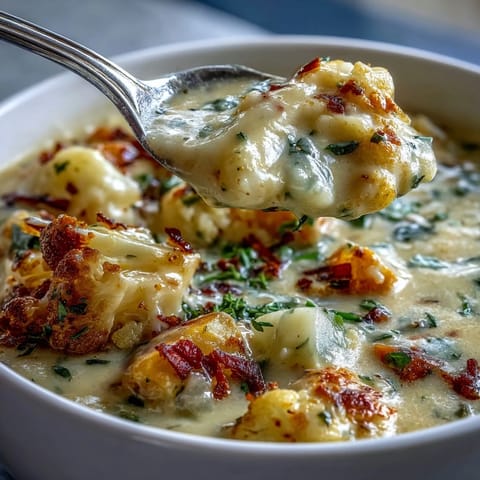 Steaming hot pot of Vegetarian Cauliflower Chowder featuring tender potatoes and carrots, a hearty vegetarian meal perfect for a cozy weeknight dinner.
