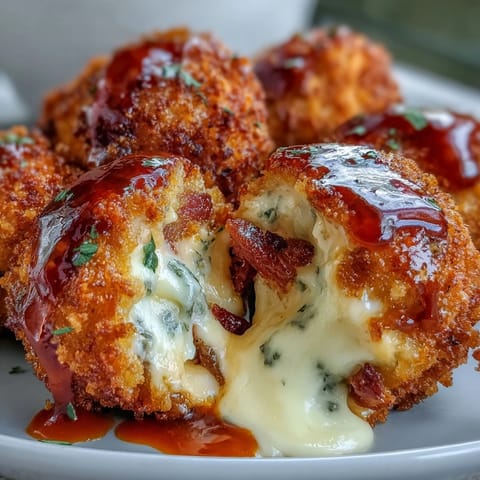 Freshly fried Buffalo Chicken Bacon Mozzarella Bombs reveal melted mozzarella and spicy buffalo chicken filling.