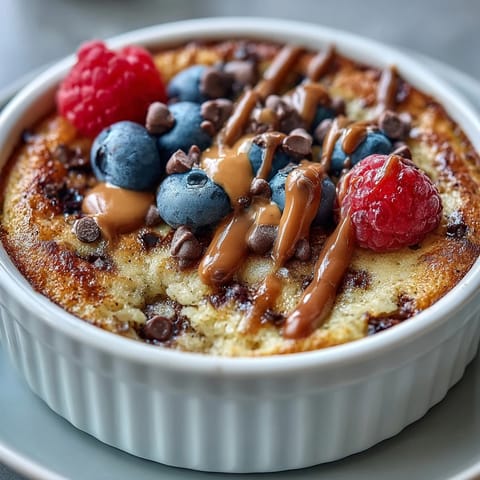 Freshly baked Baked Protein Pancake Bowl with a golden top, served in a ceramic ramekin and garnished with sliced strawberries, blueberries, and a dollop of Greek yogurt.