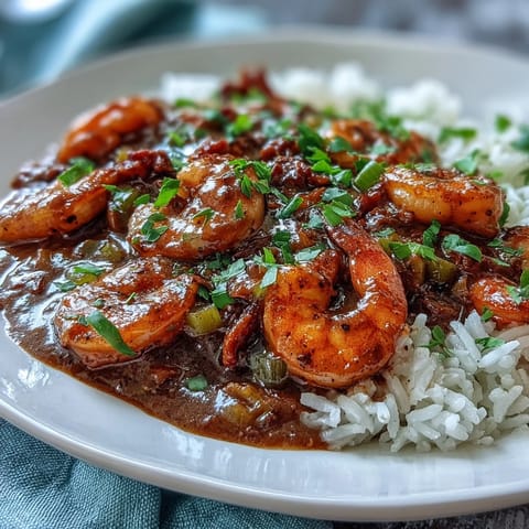 Deeply savory Classic New Orleans Étouffée ladled generously over steamed white rice and garnished with fresh parsley.