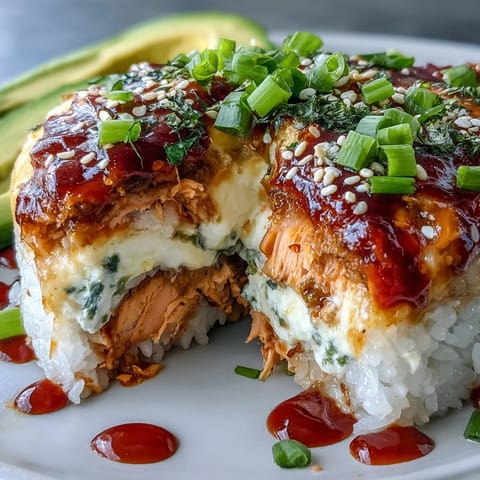 Freshly baked Spicy Salmon Sushi Bake served in a glass dish with a dollop of spicy mayo and sesame seeds. 
