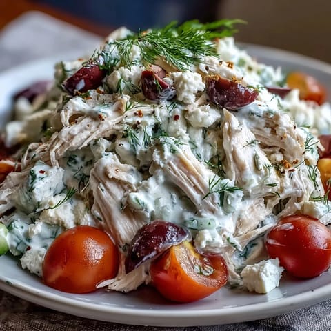 A serving of Tzatziki Chicken Salad tossed with diced red onion and avocado, ready to be eaten with a fork.