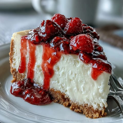 A slice of White Chocolate Raspberry Cheesecake Bliss is topped with glossy raspberry sauce and fresh berries.