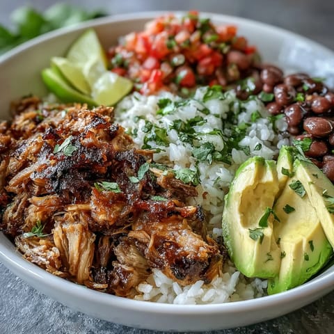 Savory slow-cooked carnitas sit atop fluffy white rice and hearty pinto beans in this gluten-free meal.