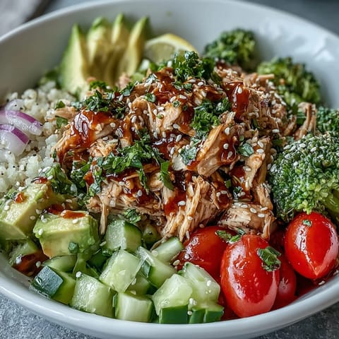 A vibrant Rotisserie Chicken Bowl with brown rice, fresh tomatoes, cucumber, and avocado slices drizzled with creamy sauce.