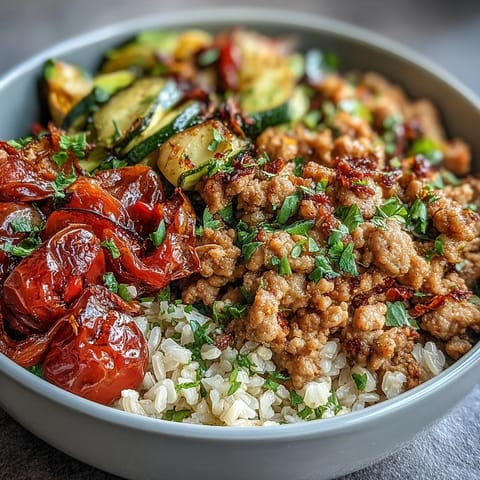 Roasted zucchini and bell peppers sit atop seasoned ground turkey and fluffy quinoa in this vibrant bowl.