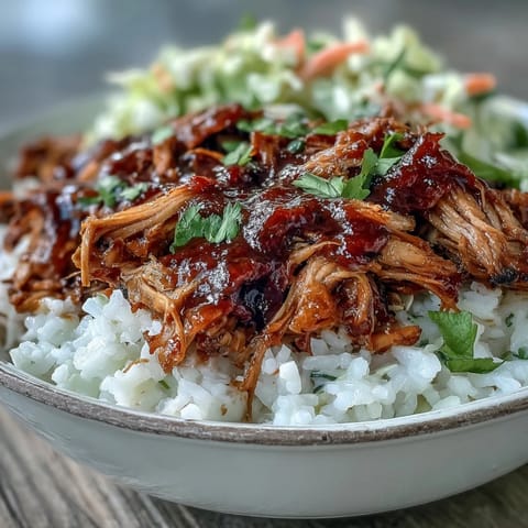 A hearty pulled pork bowl topped with smoky BBQ sauce drizzle.