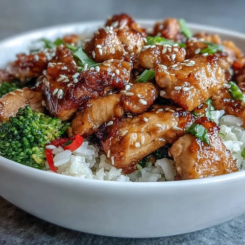 A top-down view of a honey garlic chicken bowl garnished with sesame seeds and fresh scallions, showcasing saucy chicken and crisp veggies.
