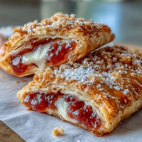 A close-up view of warm Guava Cheese Pastries, showing melted cheese and vibrant guava center, ideal for dessert or coffee pairings.