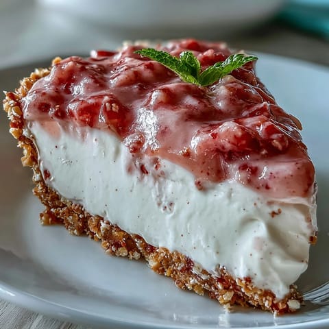 A chilled slice of Guava Cloud Pie reveals a creamy, pale pink filling, garnished with a sprinkle of chopped macadamia nuts.