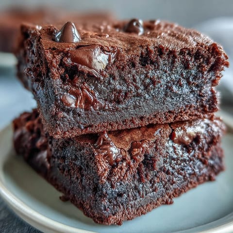 Four stacked squares of Greek Yogurt Brownies reveal dense, rich centers perfect for a healthy dessert snack.