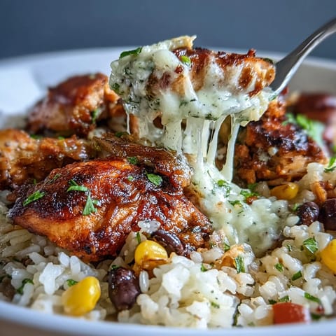 Golden-brown baked chicken sits on fluffy rice with corn and black beans, all smothered in melted queso.