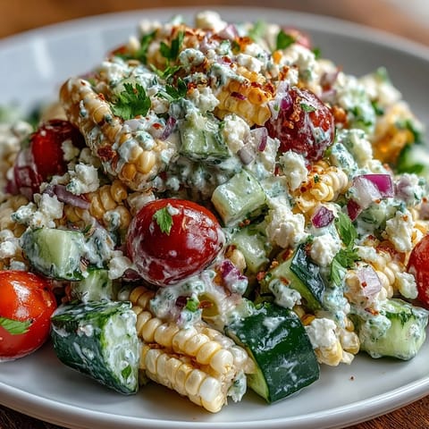 Close-up of Street Corn Creamy Cucumber Salad featuring diced cucumbers, sweet corn, and a rich lime dressing.