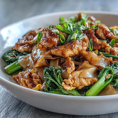 A close-up of Authentic Thai Pad See Ew, showcasing glossy noodles, chicken, and Chinese broccoli on a plate. 