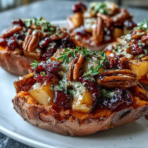 A festive side dish topped with toasted pecans and fresh thyme on a rustic plate.