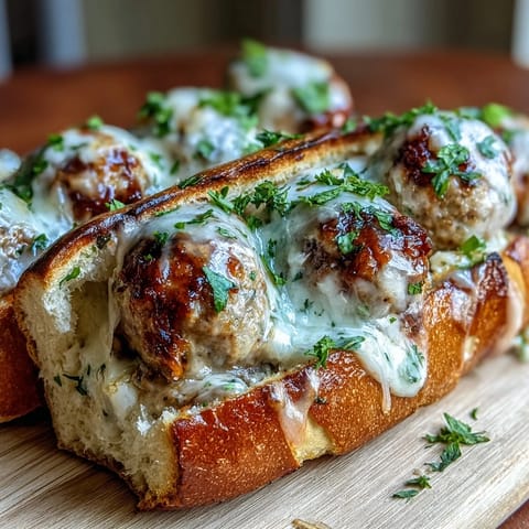 Golden toasted rolls stuffed with garlic-Parmesan turkey meatball subs, garnished with fresh parsley and bubbling mozzarella cheese.