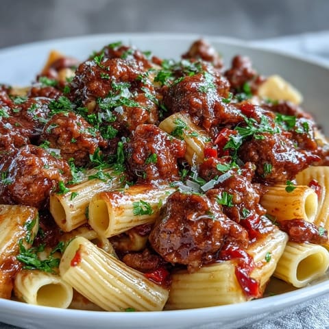One-Pot Creamy Red Wine Sausage Pasta served hot with fresh basil and grated Parmesan on top.